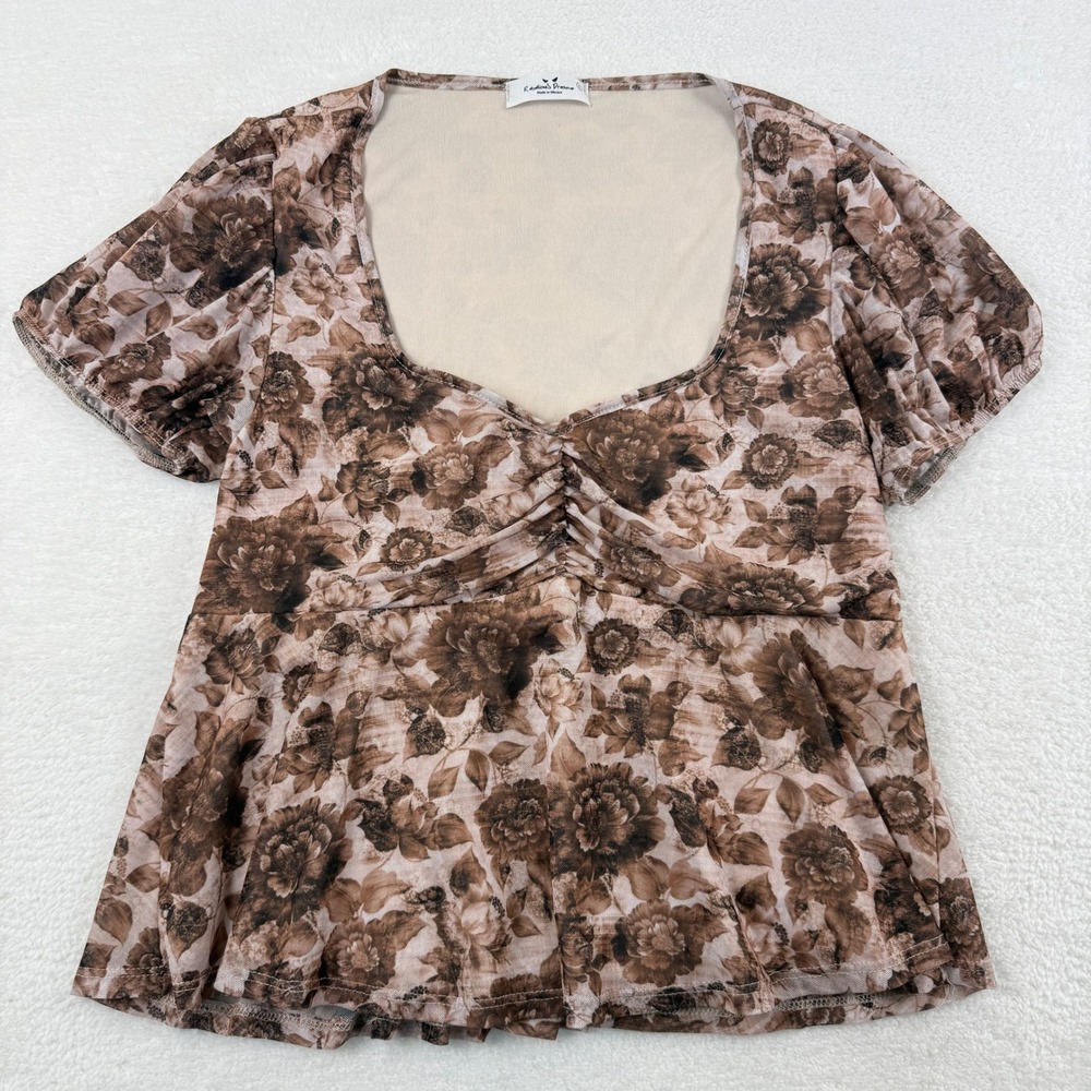 Rebellious Dreamer Floral Mesh RuchedTop‎ Womens Large Brown Cottage Boho Fairy